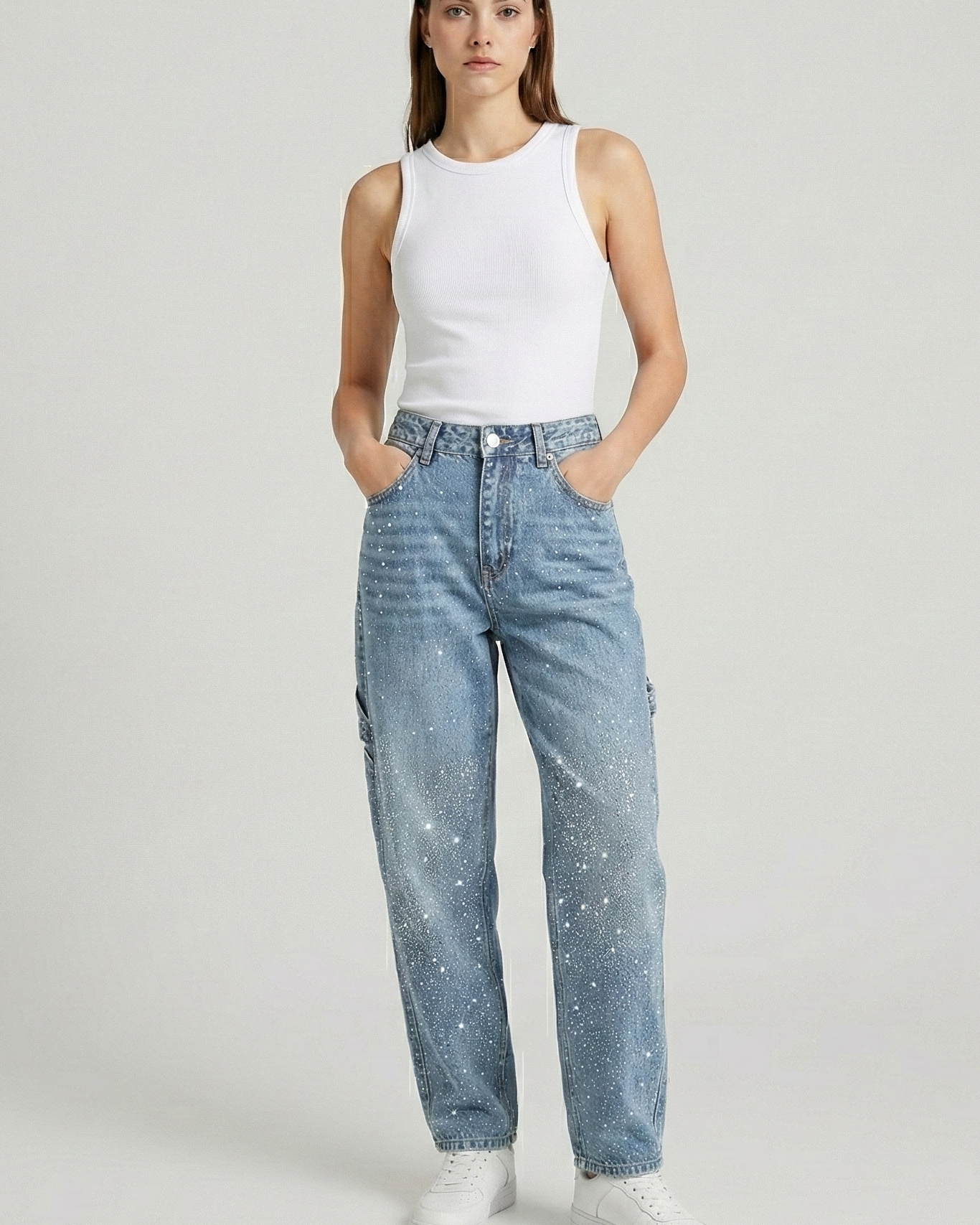 Jeans Rectos con Brillo para Mujer – Pantalones Denim de Pierna Ancha Estilo Street