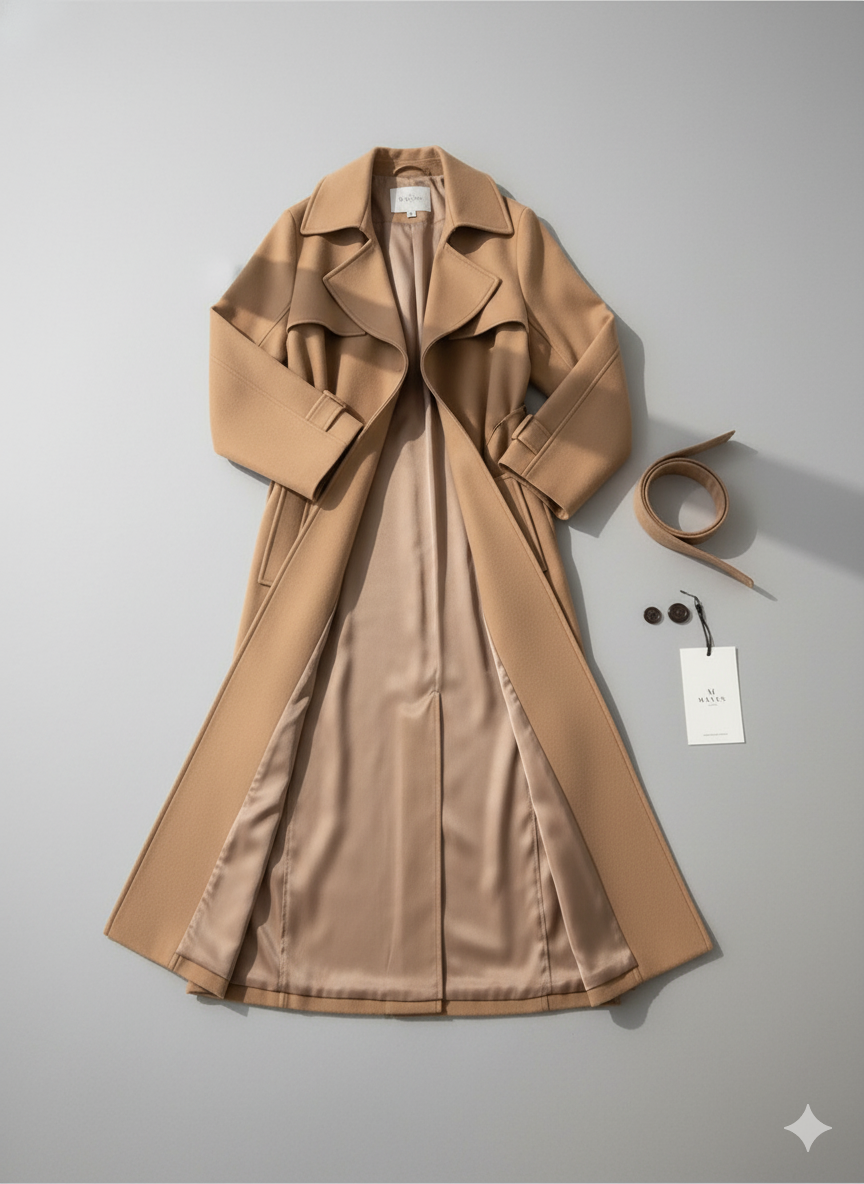 Trench camel larga para mujer – elegancia atemporal con cinturón