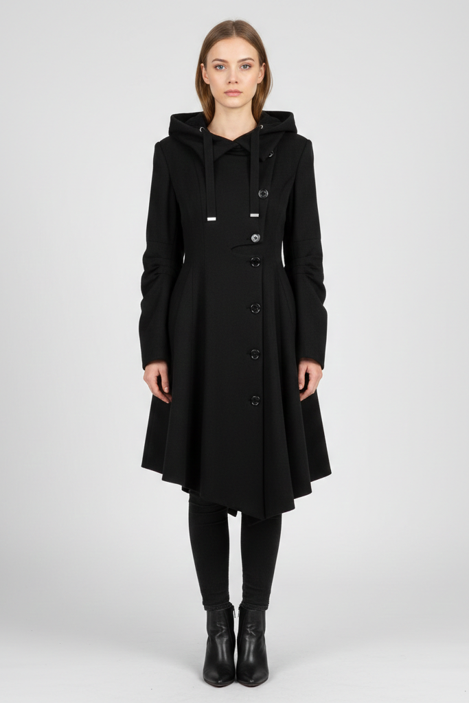 Abrigo Asimétrico "Fit & Flare" con Cuello Alzado – Elegancia en Movimiento
