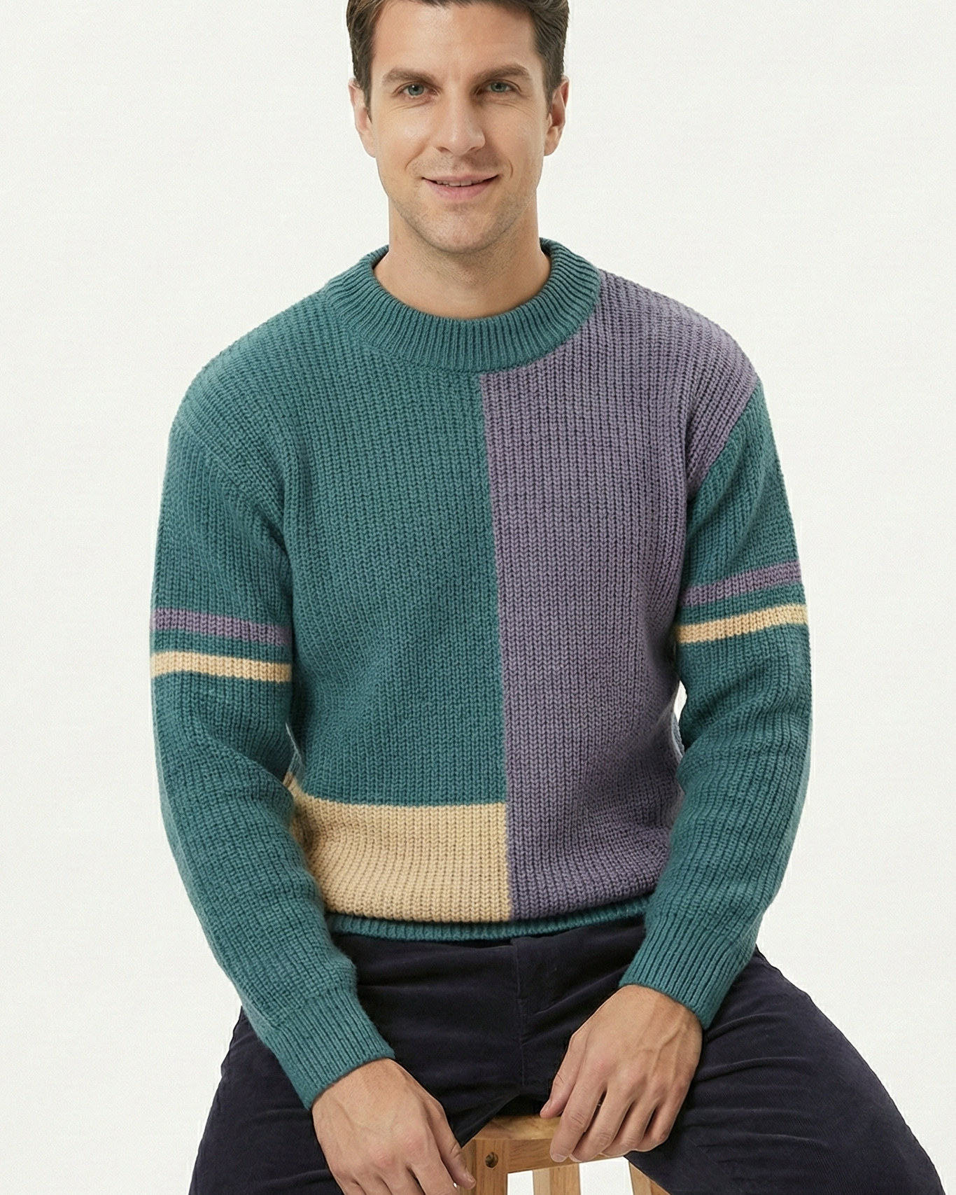Jersey de Punto "Color Block" para Hombre – Suéter Geométrico de Corte Relajado