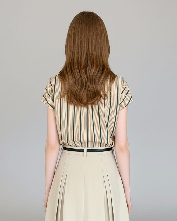 Blusa de Manga Corta a Rayas Verticales – Cuello Solapa Estilo Retro