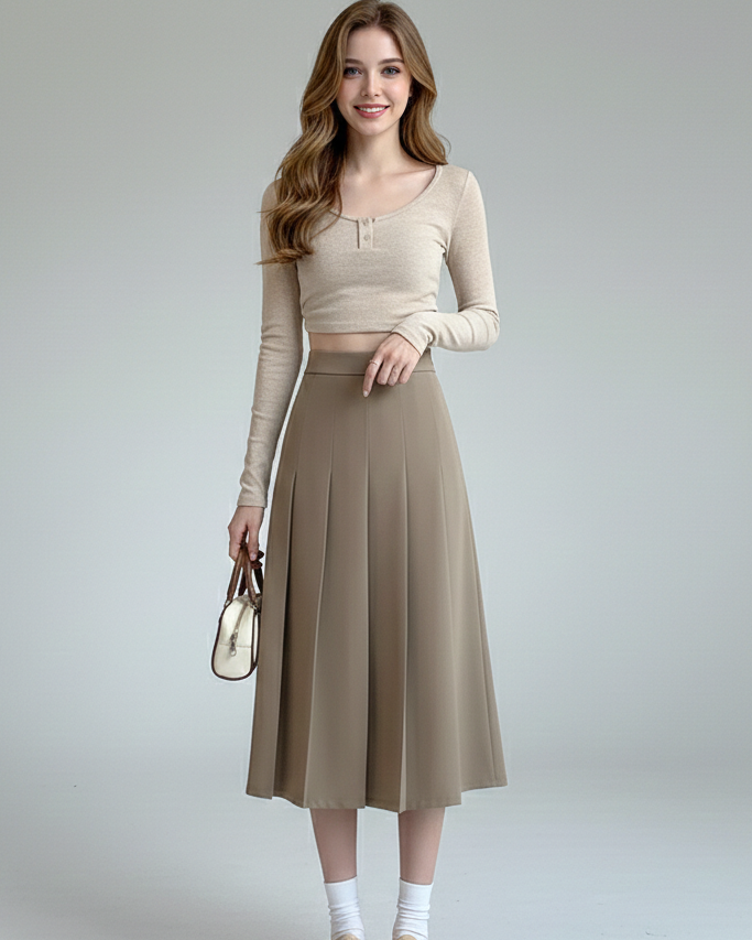 Falda Midi Plisada de Cintura Alta – Estilo Clásico y Retro