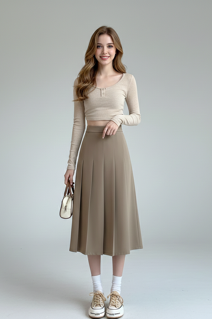 Falda Midi Plisada de Cintura Alta – Estilo Clásico y Retro