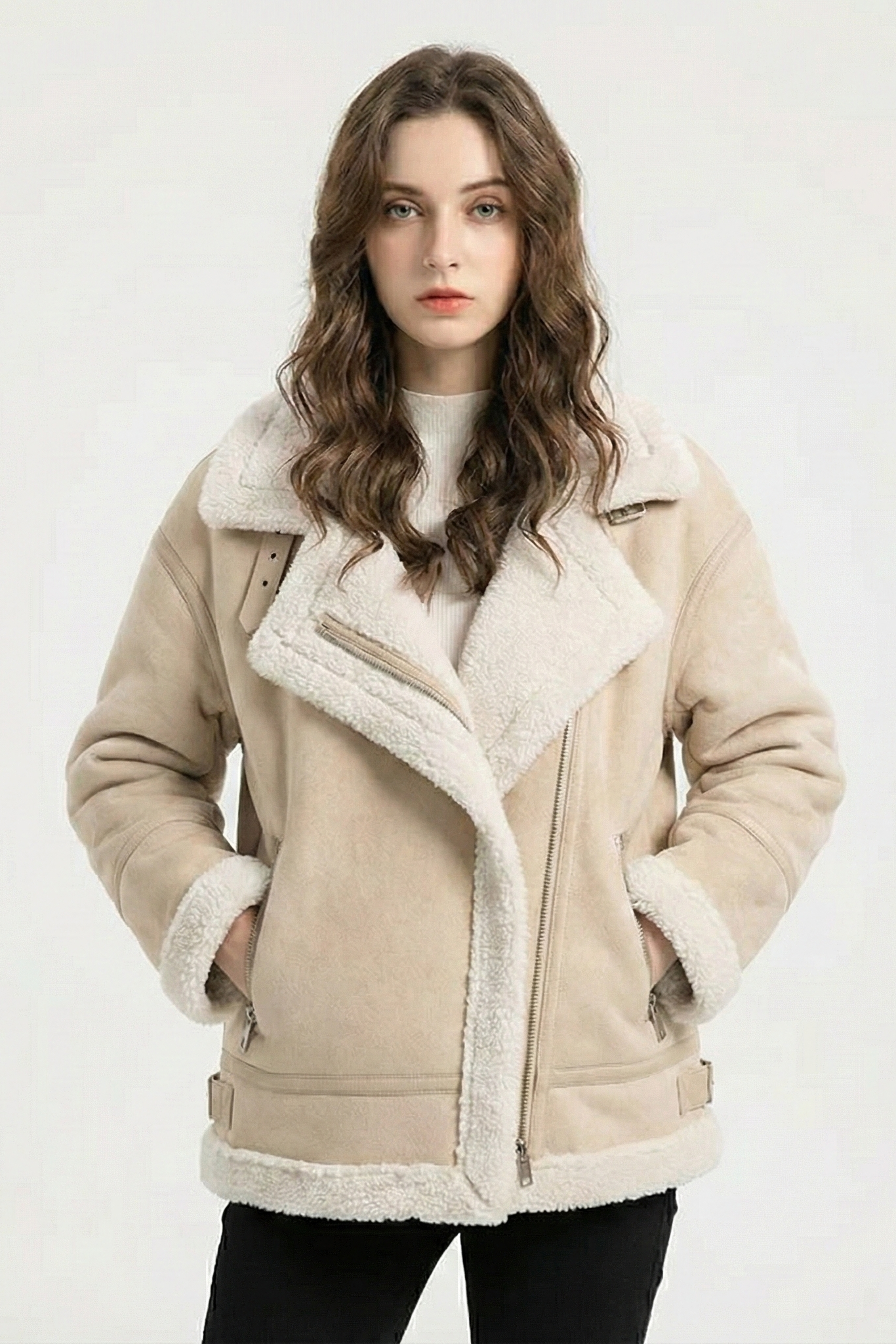 Cazadora Aviador de Mujer – Efecto Ante y Forro de Borreguito (Estilo Biker)