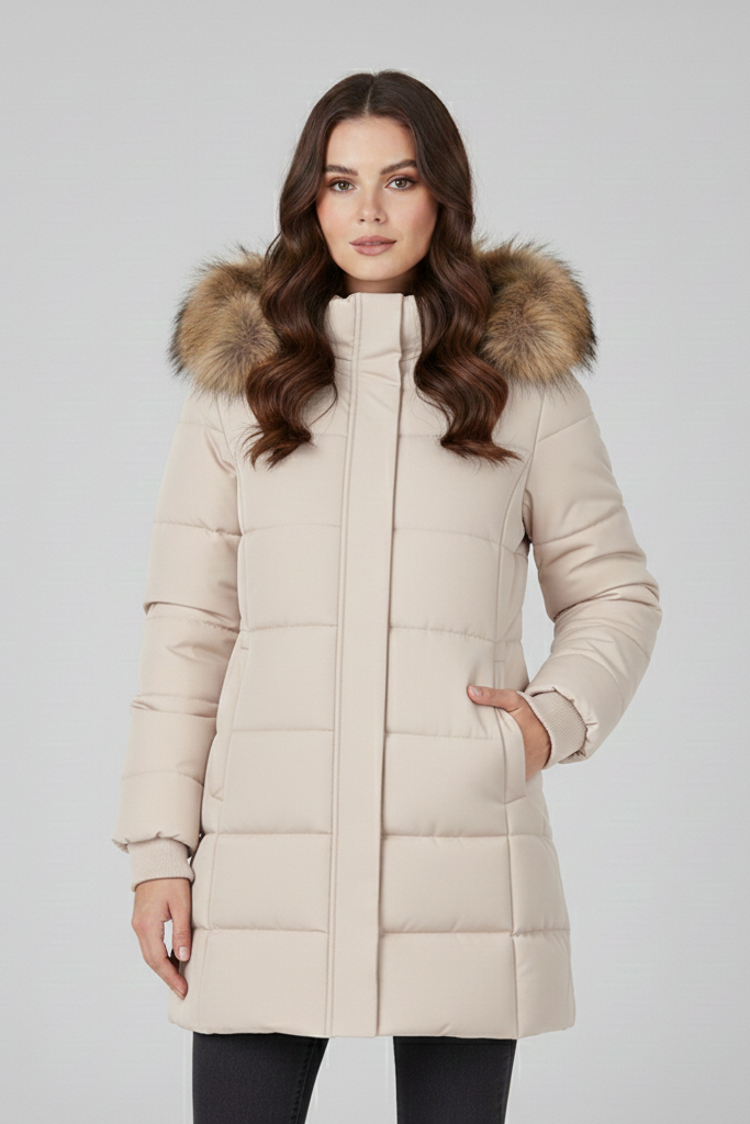Parka Acolchada Mid-Length con Capucha y Pelo – Abrigo Térmico de Largo Medio