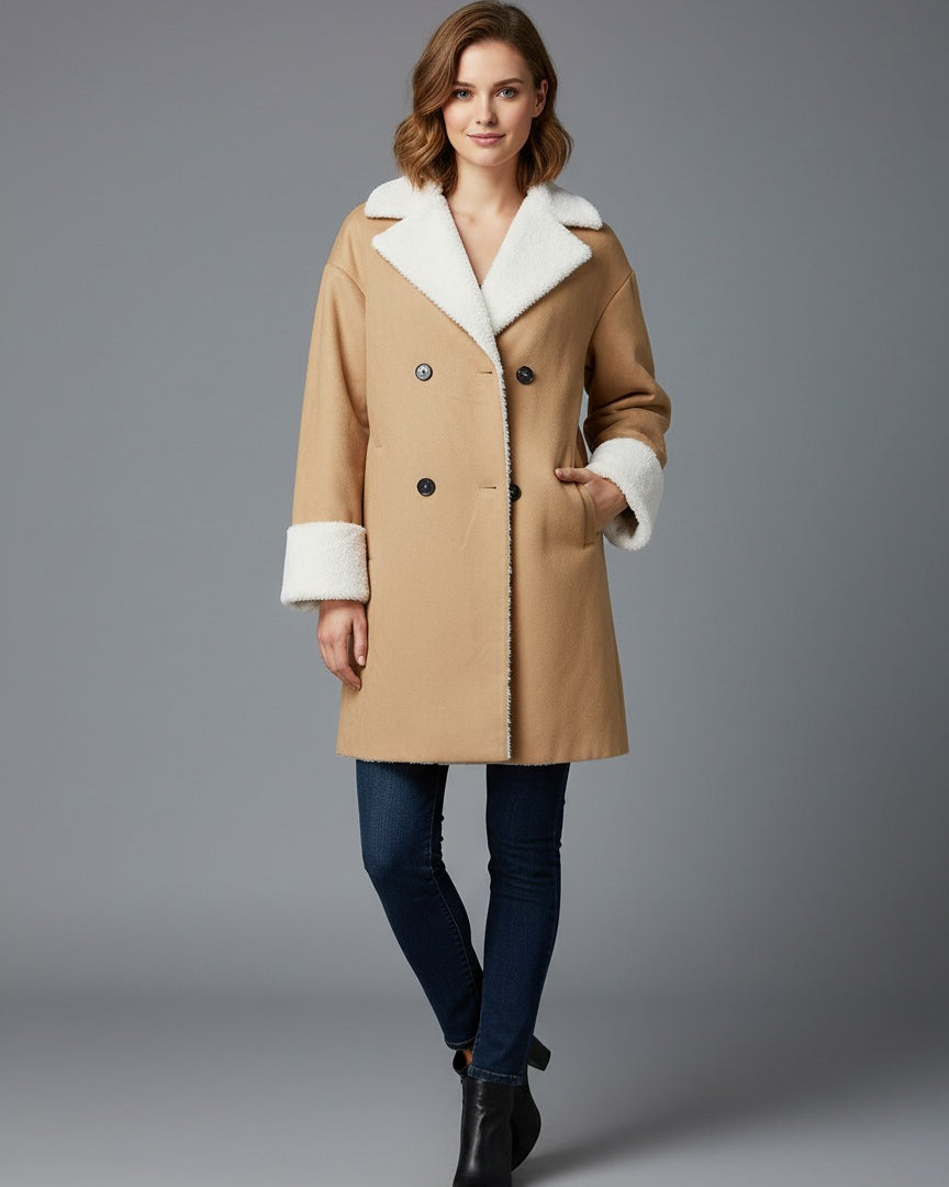 Abrigo Doble Faz Camel para Mujer – Chaqueta con Forro de Borreguito, Solapas Anchas y Botones. Moda Invierno Elegante