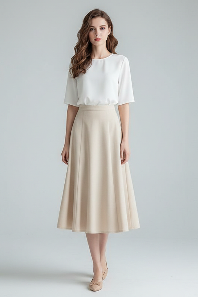 Falda Midi Evasé con Paneles – Cintura Alta Estilo Minimalista