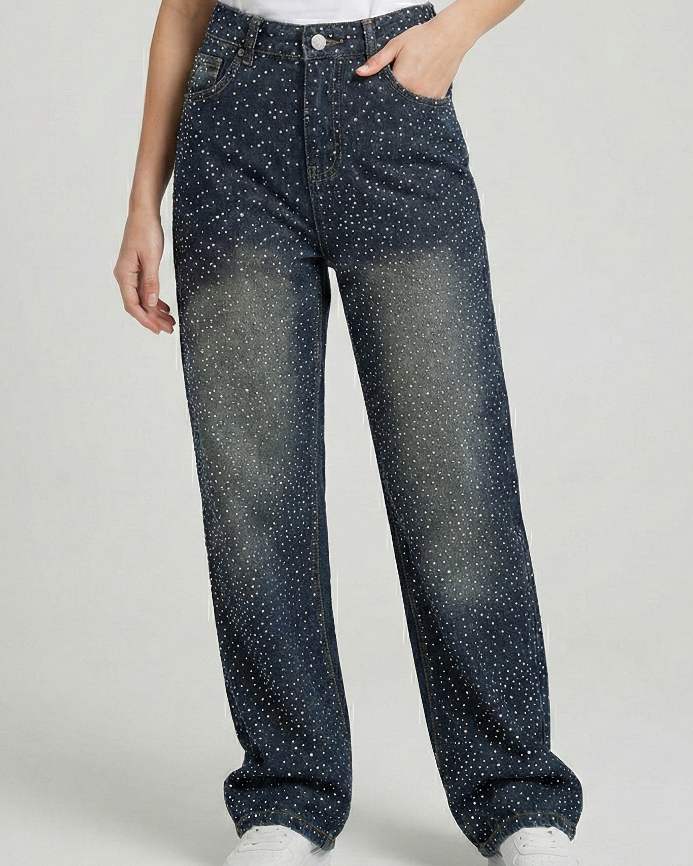 Jeans Wide Leg con Lluvia de Strass – Vaqueros de Corte Recto y Brillo