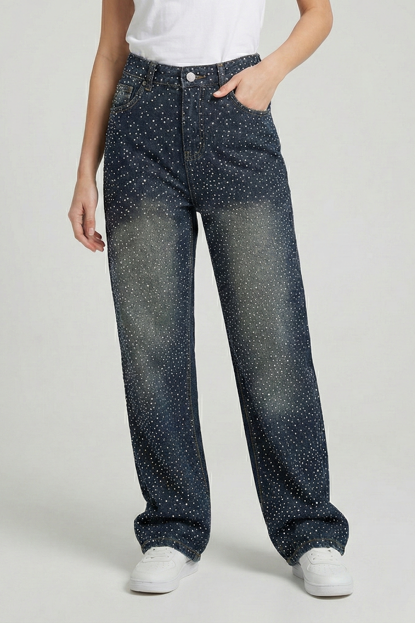 Jeans Wide Leg con Lluvia de Strass – Vaqueros de Corte Recto y Brillo