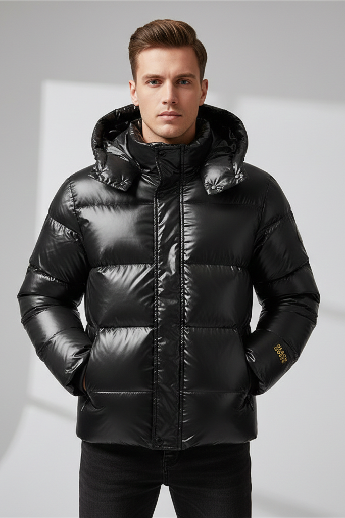 Chaqueta Puffer "Black Gold" – Abrigo de Acabado Brillante con Interior Dorado