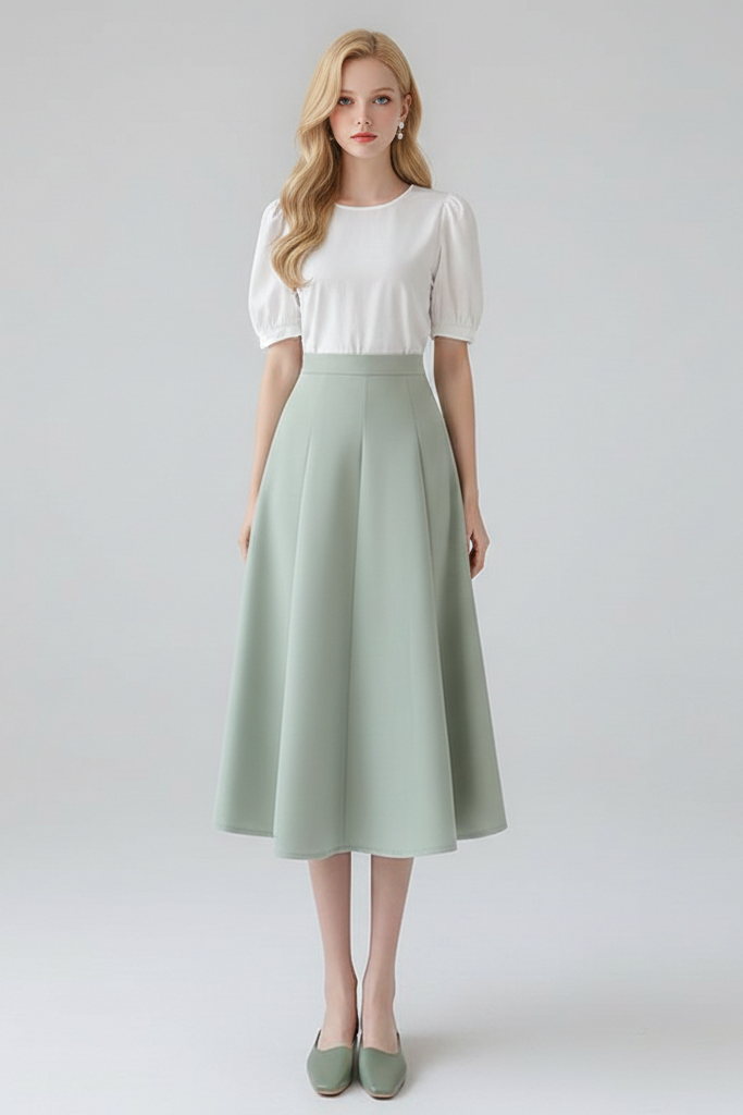 Falda Midi Evasé con Paneles – Cintura Alta Estilo Minimalista