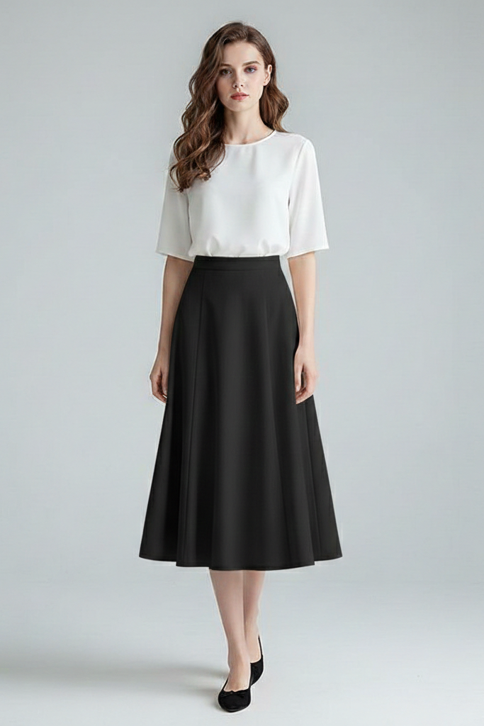 Falda Midi Evasé con Paneles – Cintura Alta Estilo Minimalista