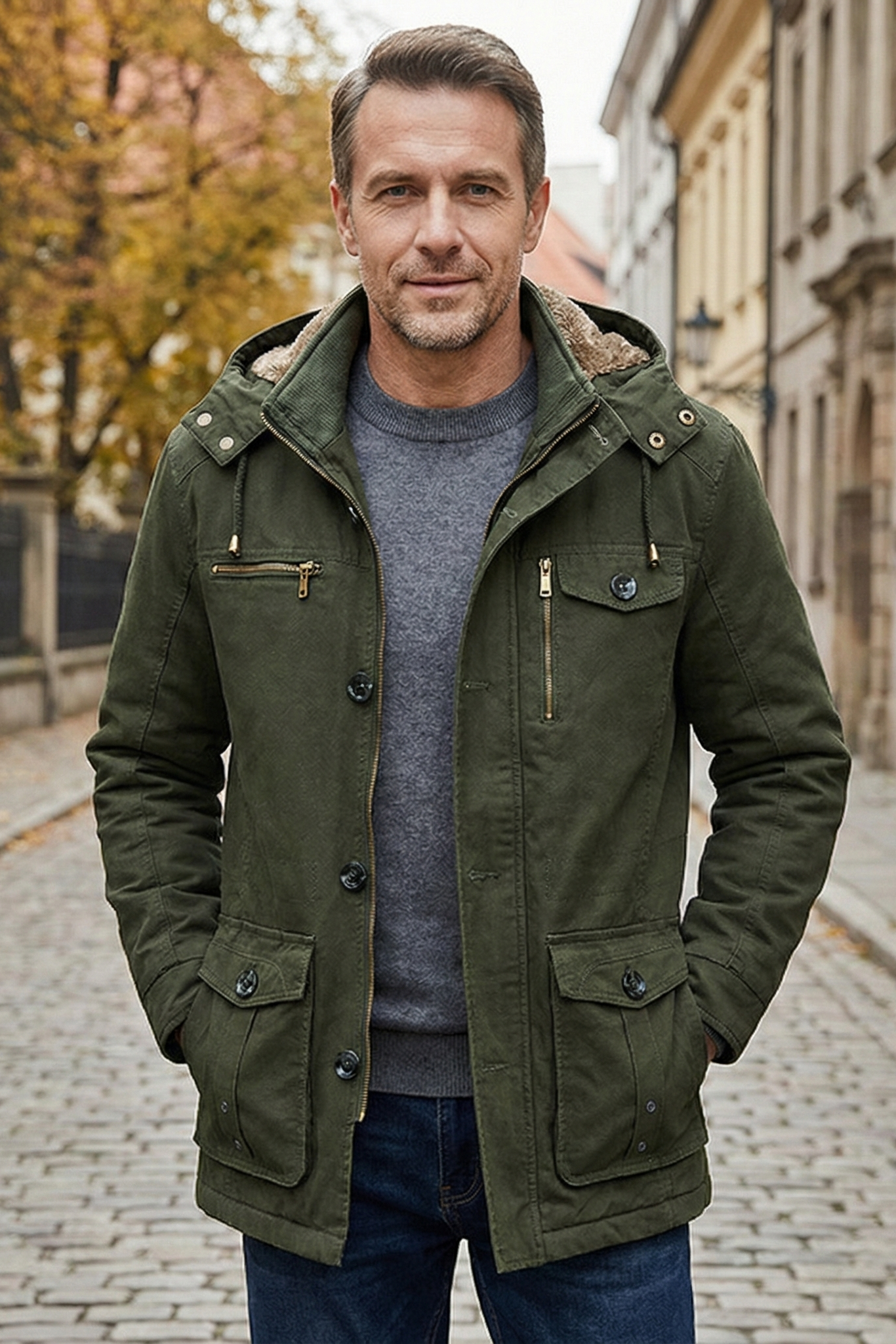 Parka Militar de Algodón Lavado para Hombre – Chaqueta Cortavientos Multibolsillos