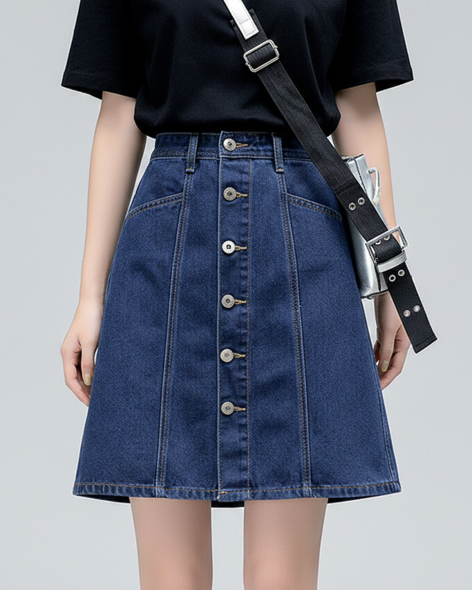 Falda Vaquera Midi con Botones Frontales – Corte Evasé Cintura Alta