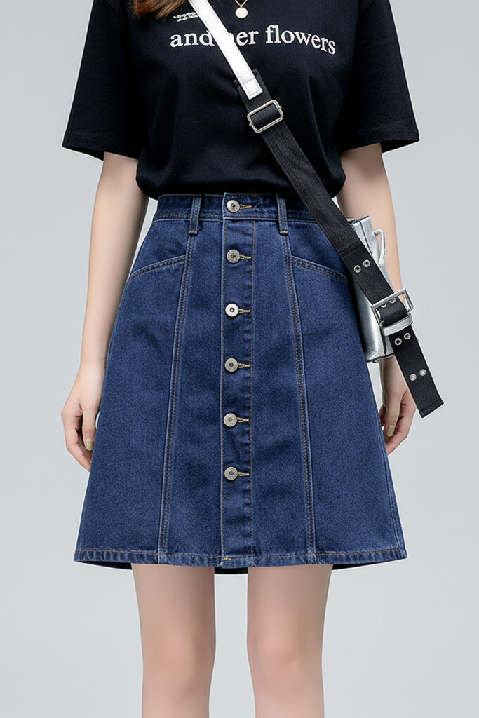 Falda Vaquera Midi con Botones Frontales – Corte Evasé Cintura Alta