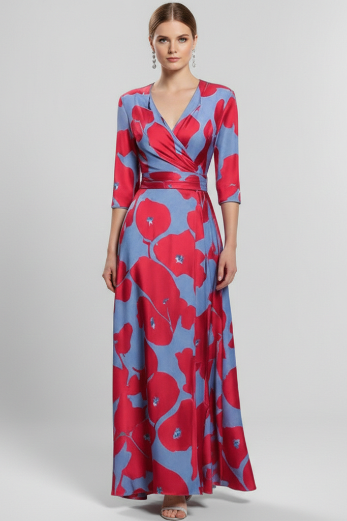 Vestido Largo Cruzado con Estampado Artístico – Manga Francesa y Cintura Entallada