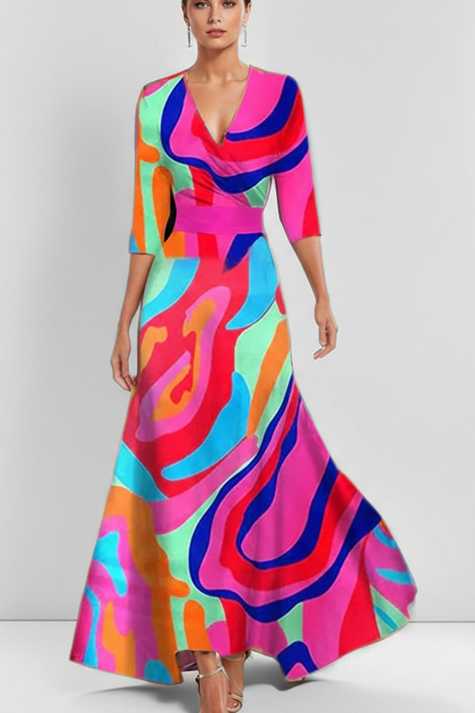 Vestido Largo Cruzado con Estampado Artístico – Manga Francesa y Cintura Entallada