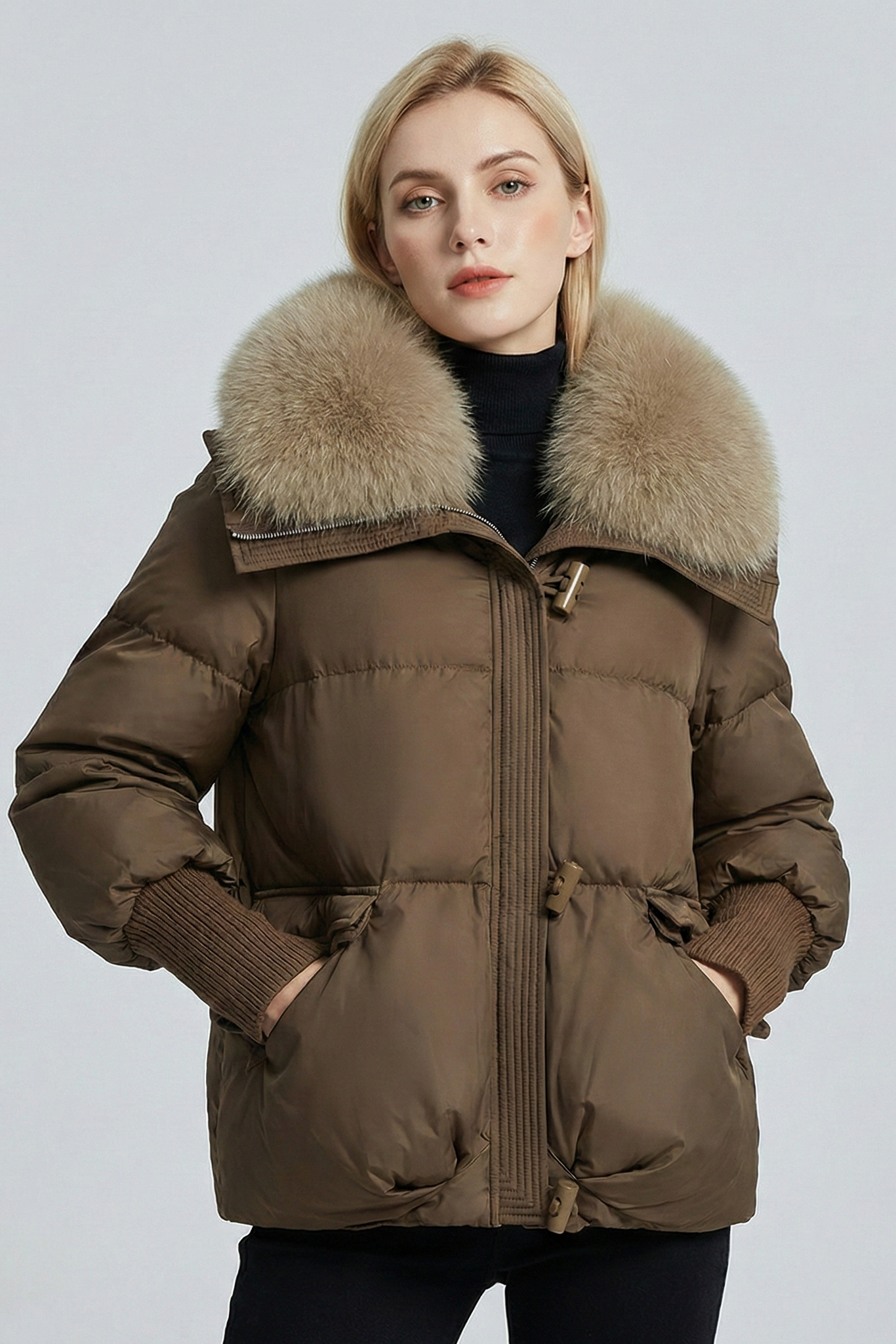 Chaqueta Acolchada Corta con Cuello de Piel y Botones "Toggle" – Elegancia Invernal