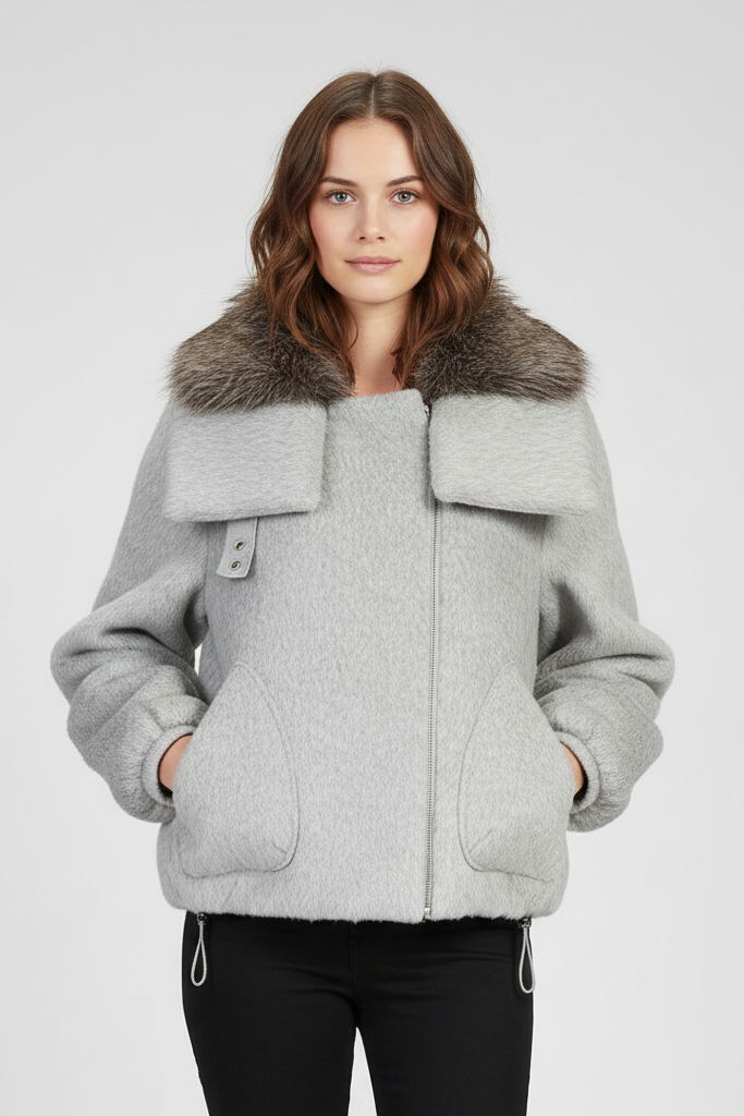 Chaqueta de Lana con Cierre Asimétrico – Abrigo Corto Moderno con Cuello de Pelo