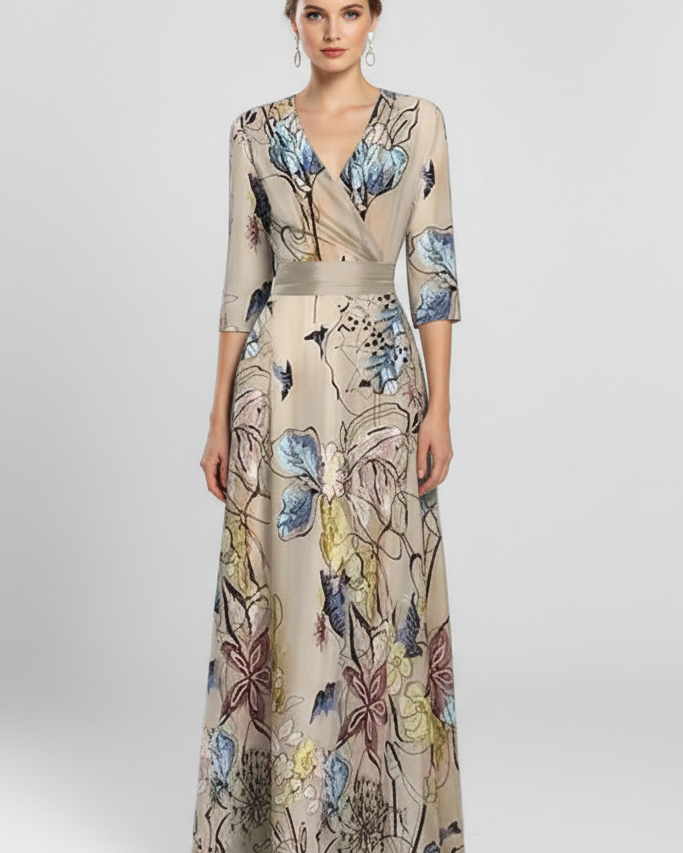 Vestido Largo Cruzado con Estampado Artístico – Manga Francesa y Cintura Entallada