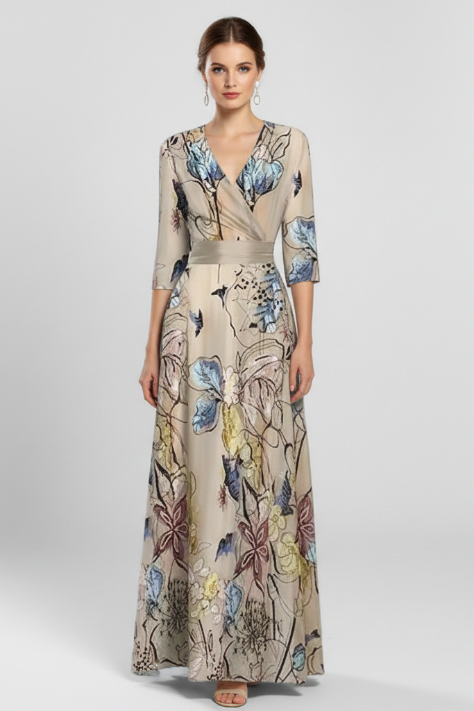 Vestido Largo Cruzado con Estampado Artístico – Manga Francesa y Cintura Entallada