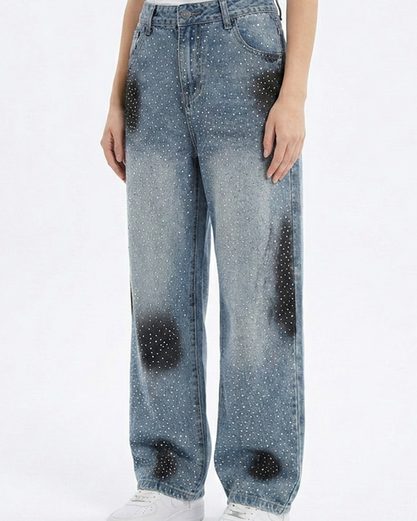 Jeans Wide Leg Azul Claro con Lluvia de Strass – Vaqueros Brillantes de Corte Recto