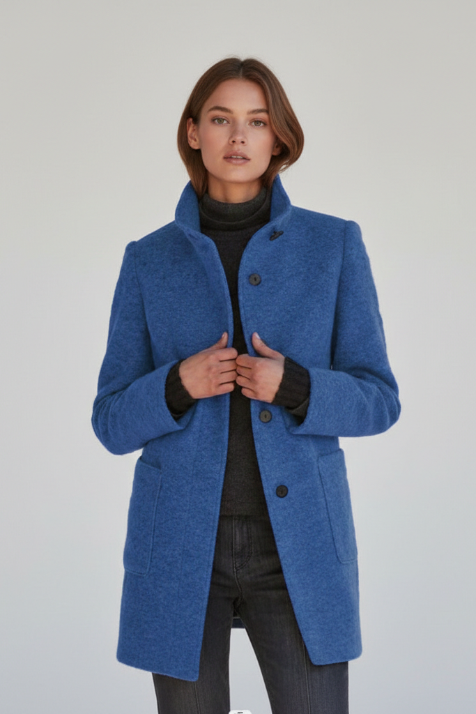Abrigo Midi Efecto Lana con Cuello Alzado y Botones en Contraste
