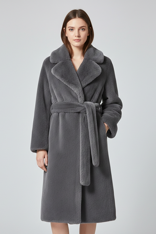 Abrigo Largo de Pelo Sintético con Cinturón y Solapas