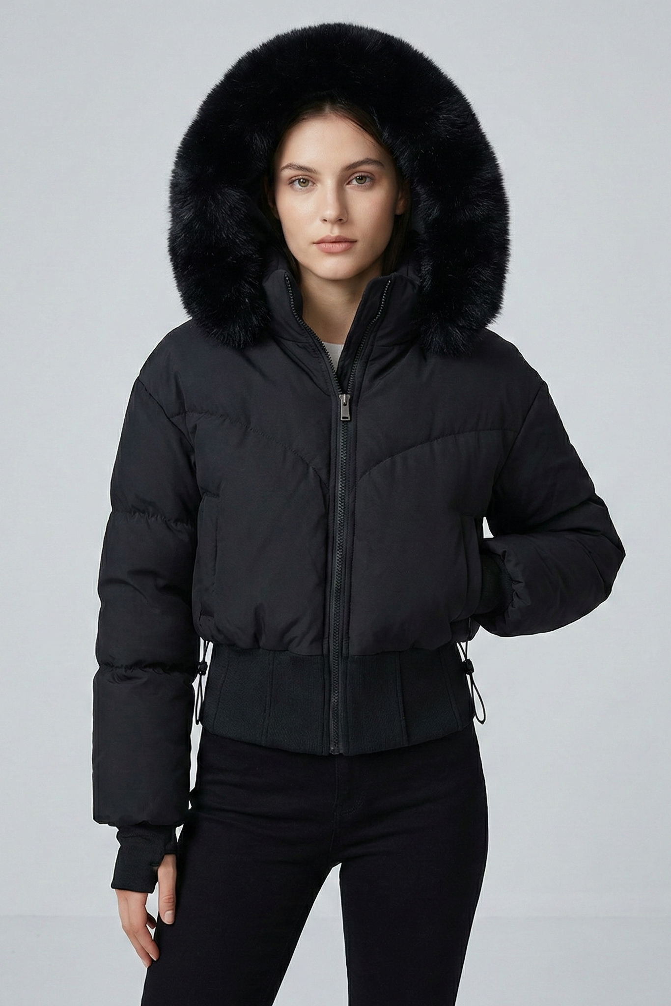 Chaqueta Bomber Acolchada con Capucha de Pelo – Diseño Entallado con Puños Guante