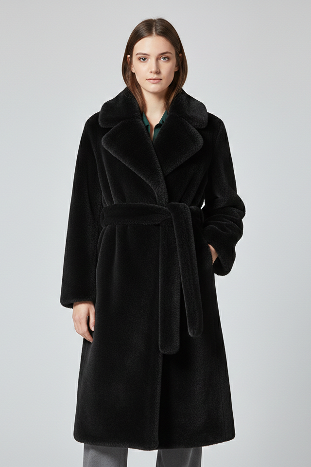 Abrigo Largo de Pelo Sintético con Cinturón y Solapas