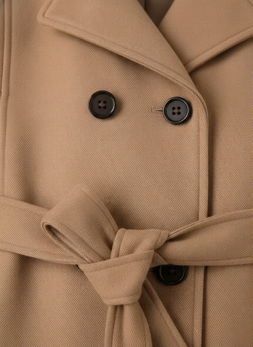 Trench camel larga para mujer – elegancia atemporal con cinturón