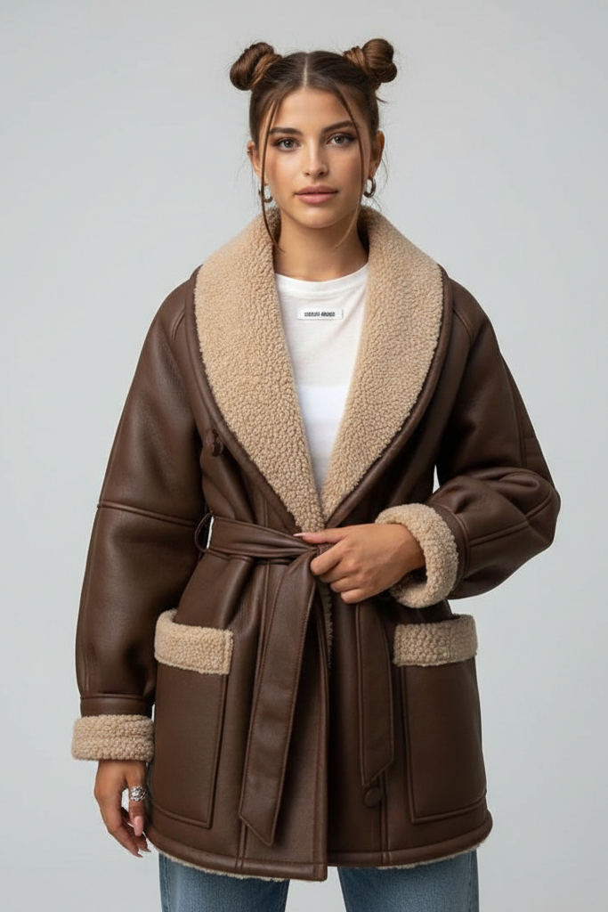 Abrigo Midi Efecto Piel y Borrego – Chaqueta Estilo Aviador con Cinturón