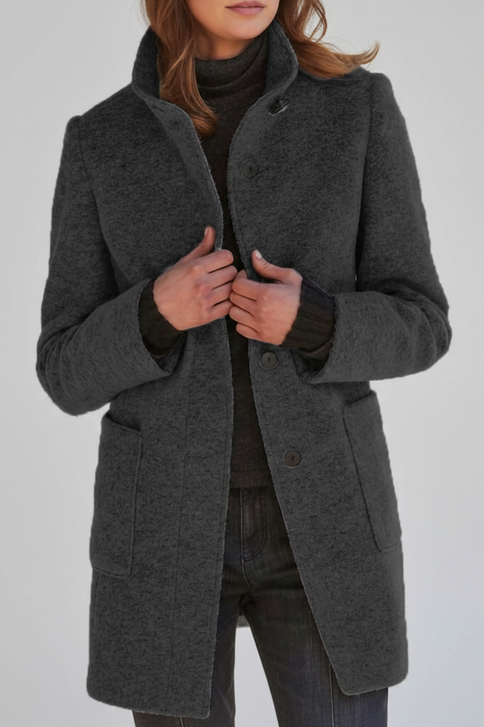 Abrigo Midi Efecto Lana con Cuello Alzado y Botones en Contraste