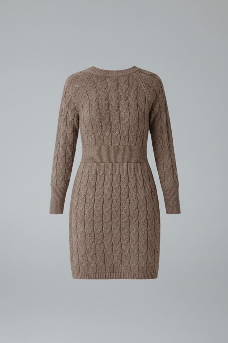 Vestido de Punto Ajustado con Trenzas – Cuello Redondo y Cintura Entallada