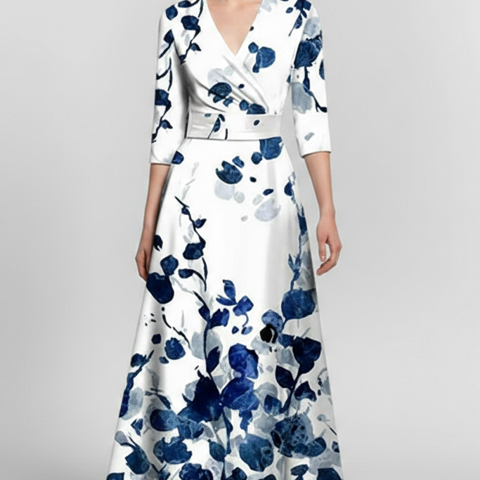 Vestido Largo Cruzado con Estampado Artístico – Manga Francesa y Cintura Entallada