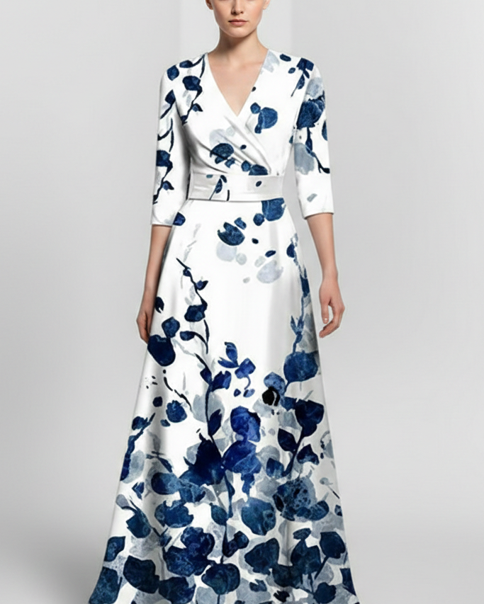Vestido Largo Cruzado con Estampado Artístico – Manga Francesa y Cintura Entallada