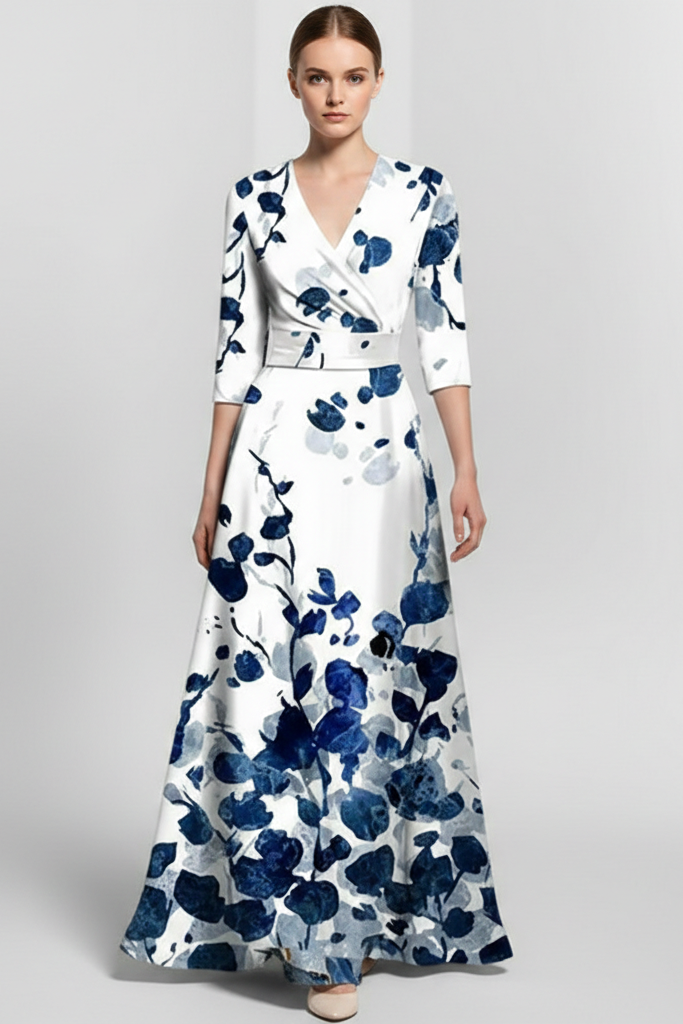 Vestido Largo Cruzado con Estampado Artístico – Manga Francesa y Cintura Entallada