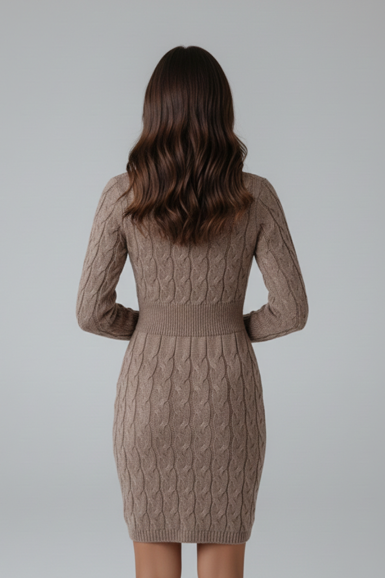 Vestido de Punto Ajustado con Trenzas – Cuello Redondo y Cintura Entallada