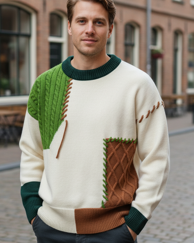 Jersey de Punto Patchwork Oversize – Suéter Estilo Vintage Harajuku & Color Block con Costuras Visibles