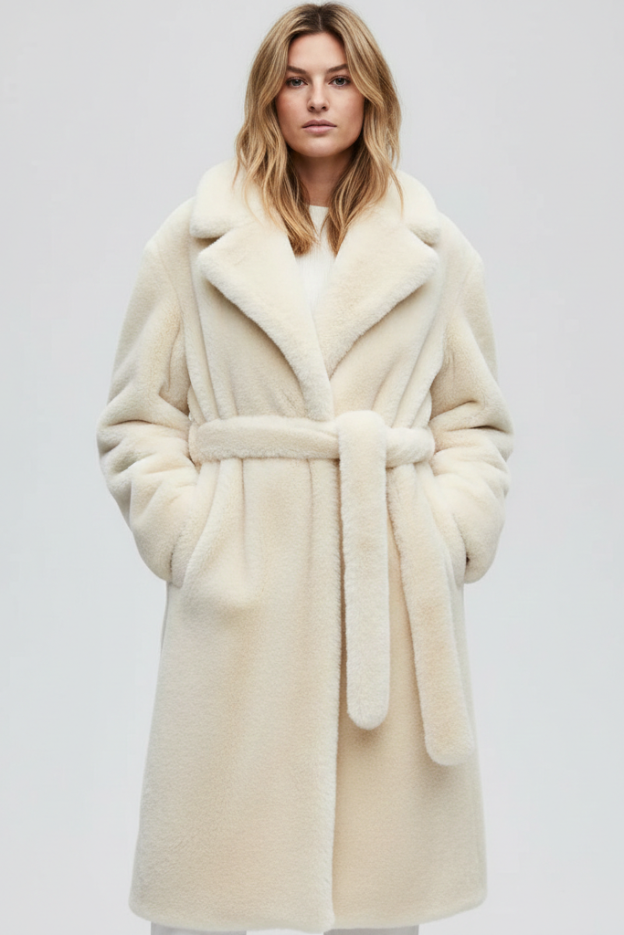 Abrigo Largo de Pelo Sintético con Cinturón y Solapas