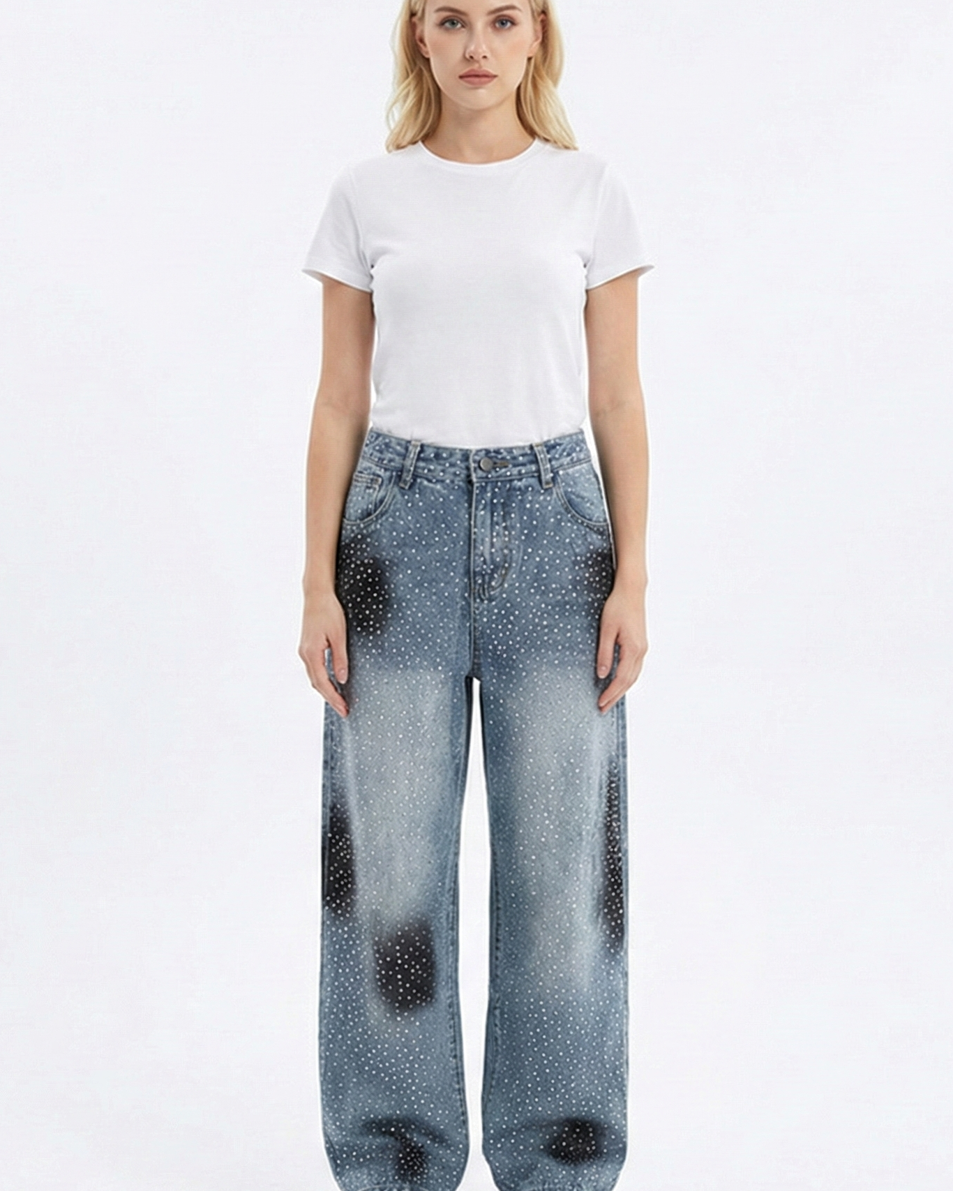 Jeans Wide Leg Azul Claro con Lluvia de Strass – Vaqueros Brillantes de Corte Recto