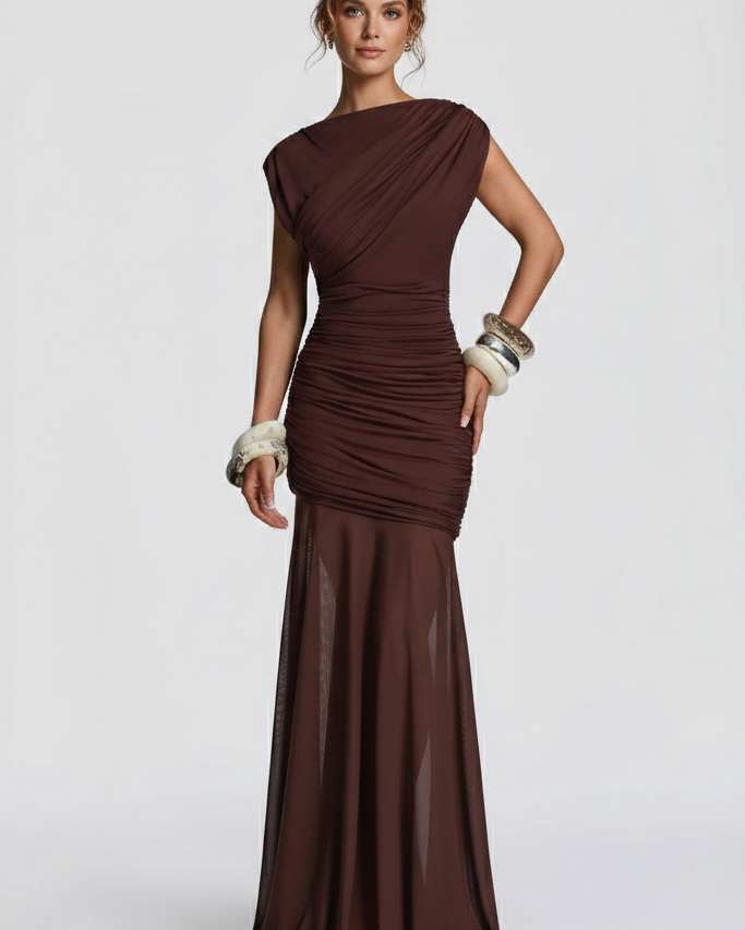 Vestido Largo Fruncido de Noche – Elegancia Francesa