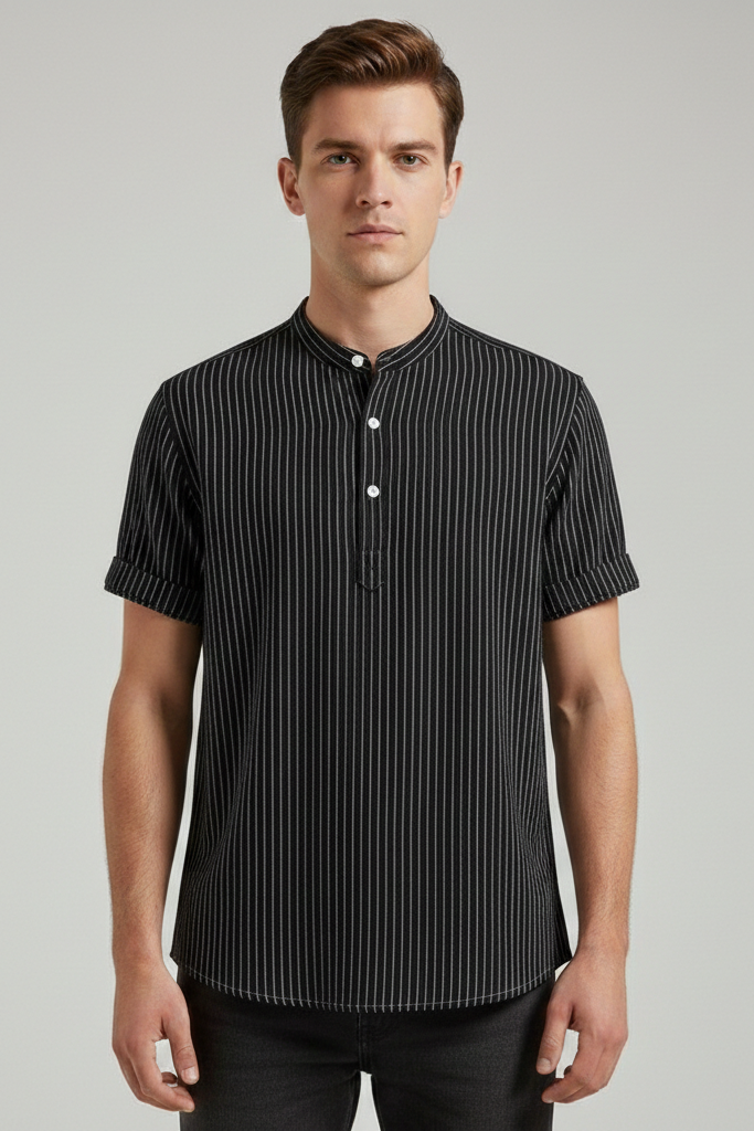 Camisa Henley de Rayas con Cuello Mao – Estilo Resort Lino