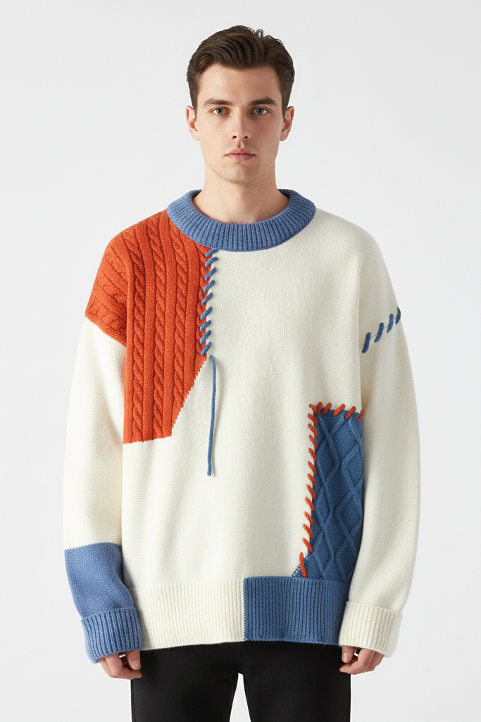 Jersey de Punto Patchwork Oversize – Suéter Estilo Vintage Harajuku & Color Block con Costuras Visibles