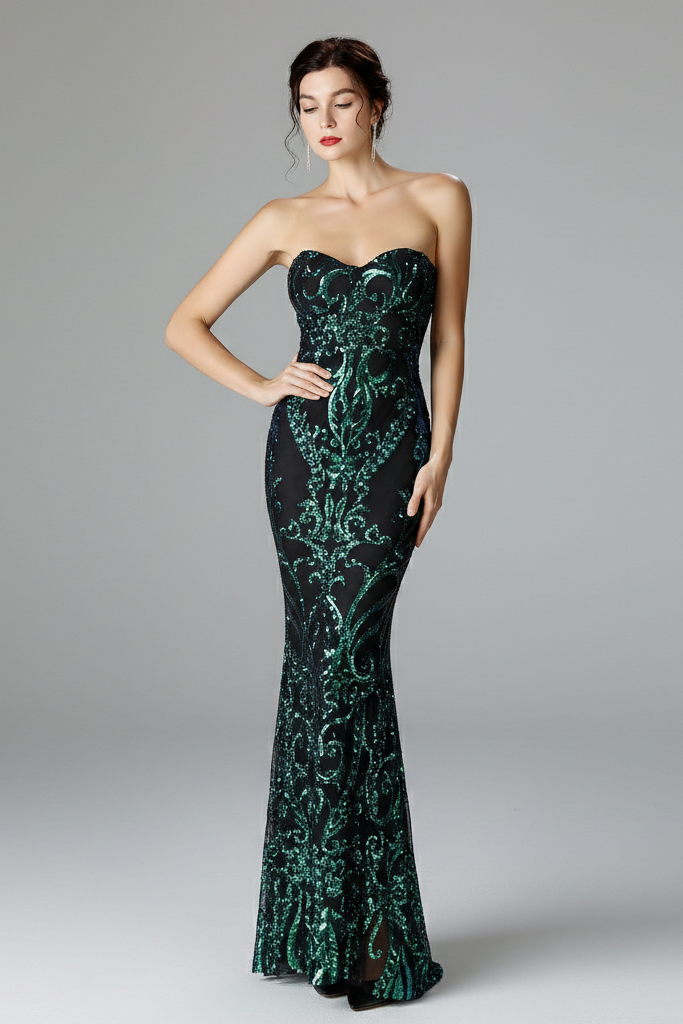 Vestido Largo de Gala con Lentejuelas – Escote Corazón y Corte Sirena