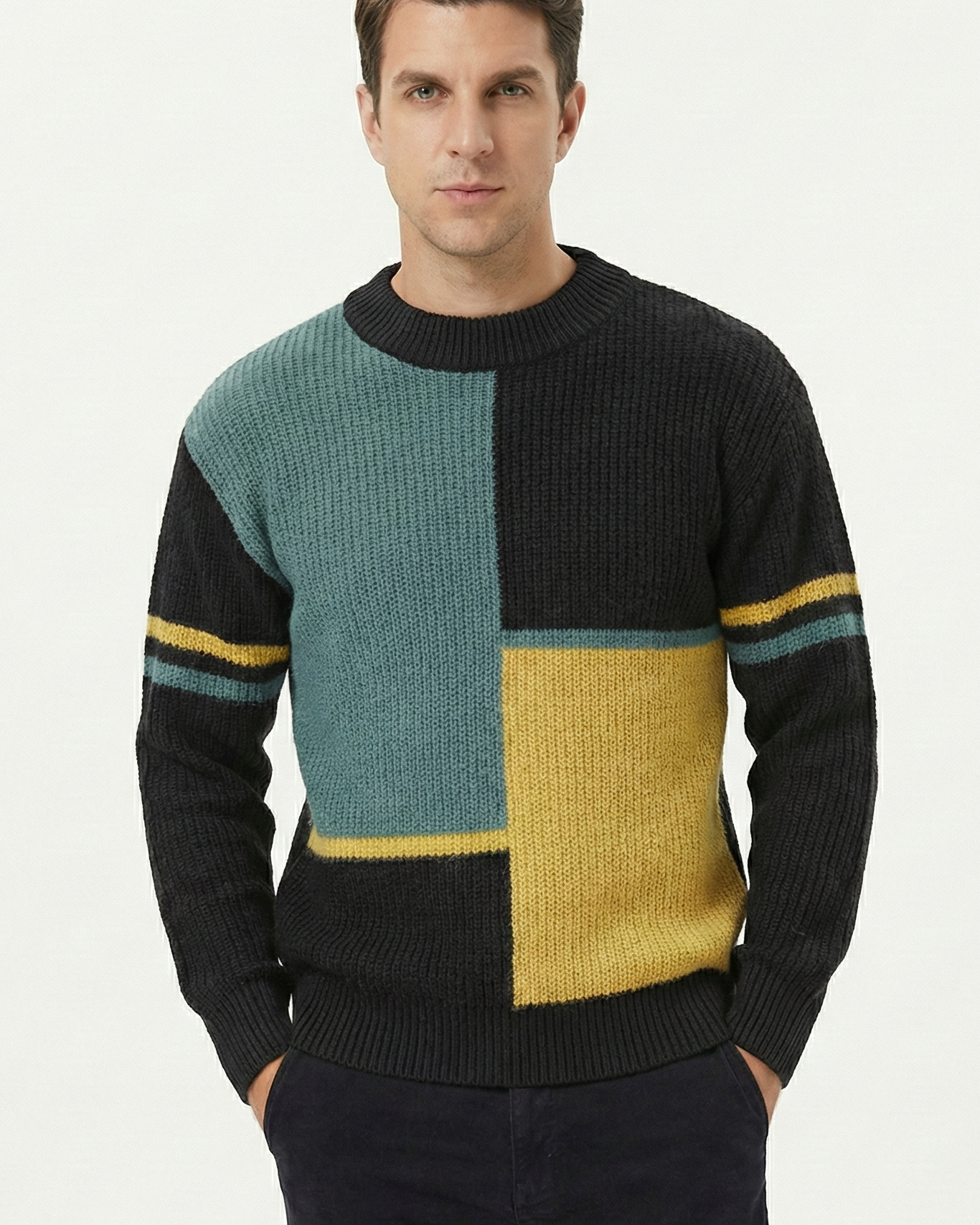 Jersey de Punto "Color Block" para Hombre – Suéter Geométrico de Corte Relajado