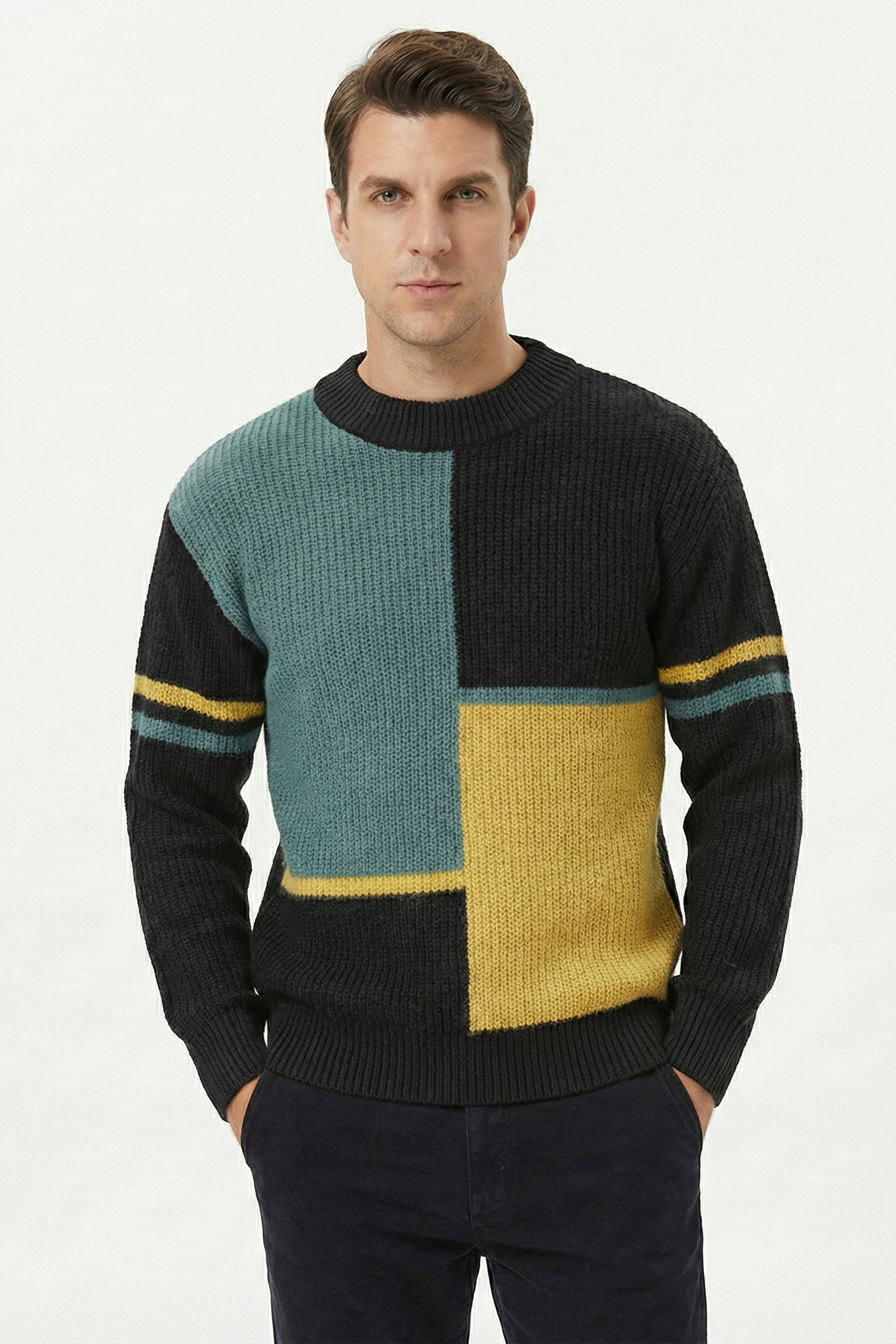 Jersey de Punto "Color Block" para Hombre – Suéter Geométrico de Corte Relajado