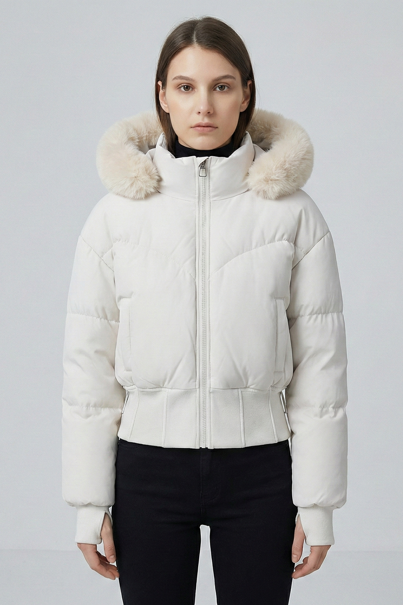 Chaqueta Bomber Acolchada con Capucha de Pelo – Diseño Entallado con Puños Guante