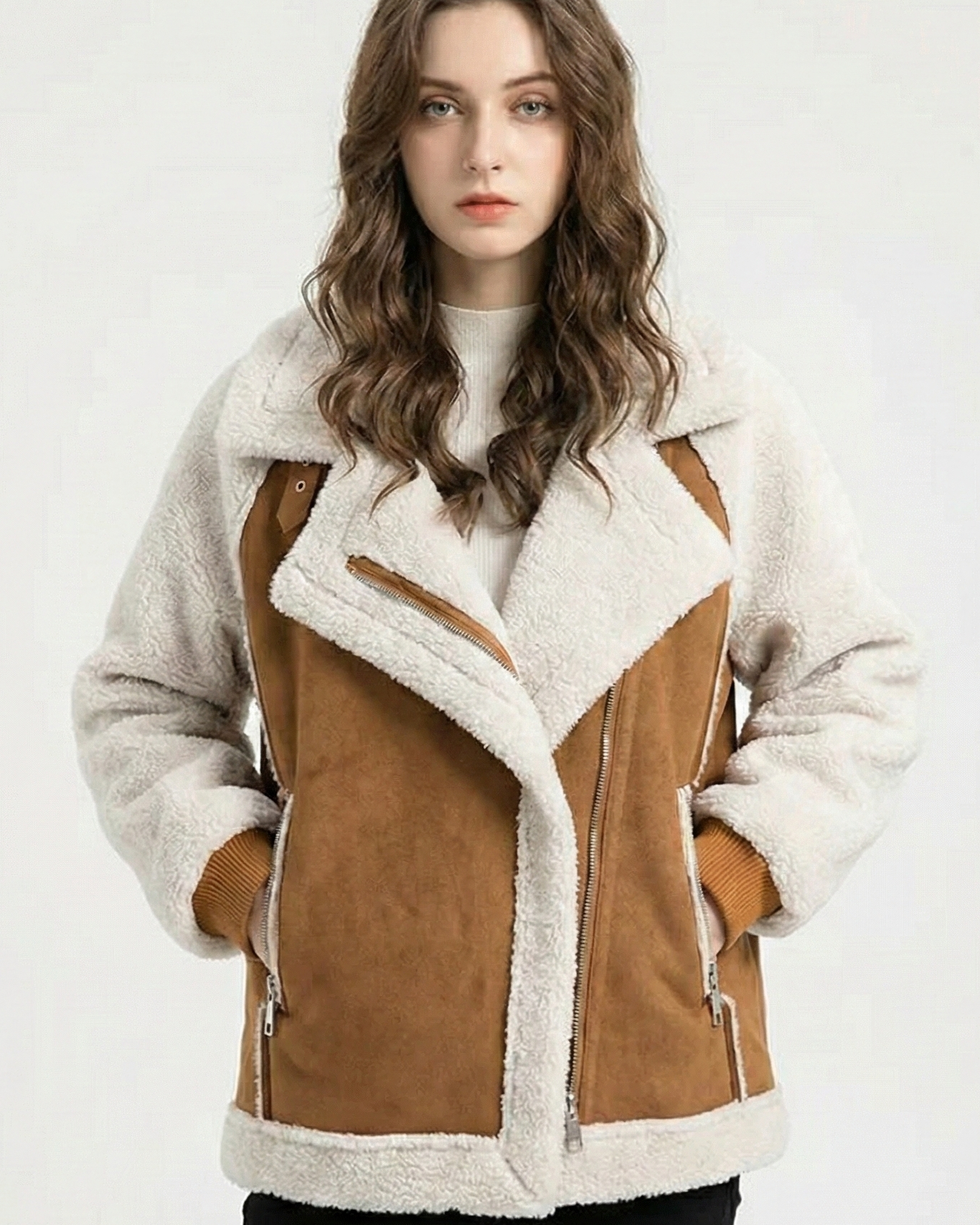 Cazadora Aviador de Mujer – Efecto Ante y Forro de Borreguito (Estilo Biker)