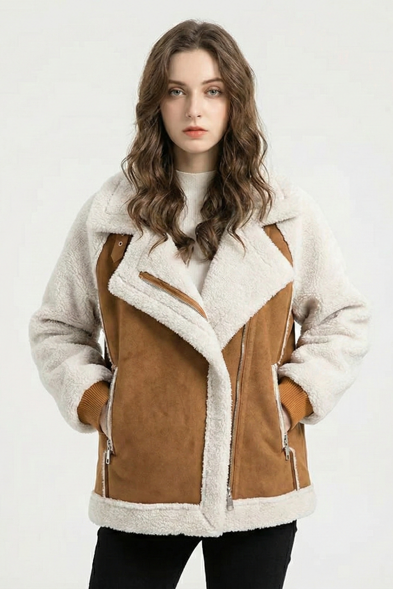 Cazadora Aviador de Mujer – Efecto Ante y Forro de Borreguito (Estilo Biker)